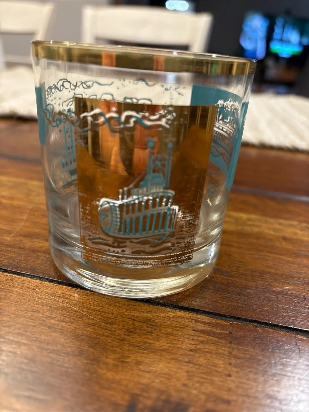 VTG Libbey Southern Comfort Riverboat Steamboat Glass set of 3 Turquoise Gold - Picture 5 of 7